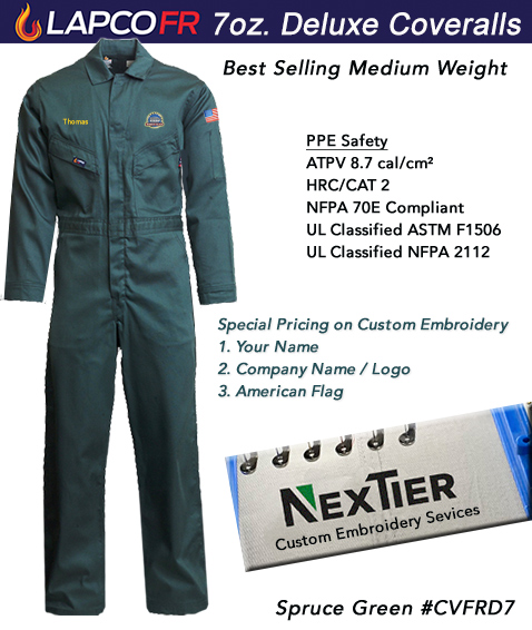 (image for) LAPCO FR Coveralls Best Selling Spruce Green Fabric CVFRD7